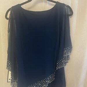MSK Navy Cold-Shoulder Blouse with Rhinestone Trim